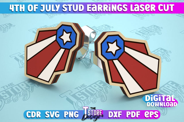 4th of July Stud Earrings | Patriotic Earrings | Red White and Blue | CNC File SVG The T Store Design 