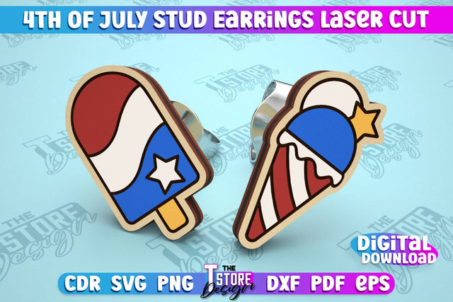 4th of July Stud Earrings | Patriotic Earrings | Red White and Blue | CNC File SVG The T Store Design 