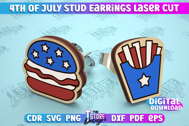 4th of July Stud Earrings | Patriotic Earrings | Red White and Blue | CNC File SVG The T Store Design 