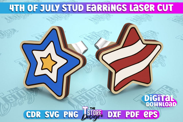 4th of July Stud Earrings | Patriotic Earrings | Red White and Blue | CNC File SVG The T Store Design 