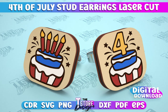 4th of July Stud Earrings | Patriotic Earrings | Red White and Blue | CNC File SVG The T Store Design 