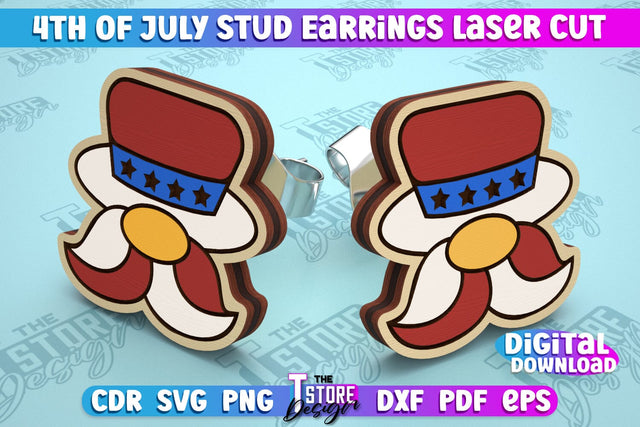 4th of July Stud Earrings | Patriotic Earrings | Red White and Blue | CNC File SVG The T Store Design 