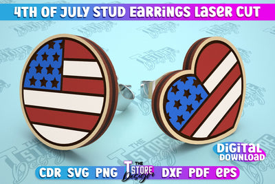 4th of July Stud Earrings | Patriotic Earrings | Red White and Blue | CNC File SVG The T Store Design 