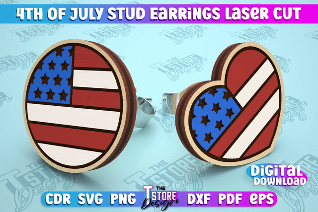 4th of July Stud Earrings | Patriotic Earrings | Red White and Blue | CNC File SVG The T Store Design 