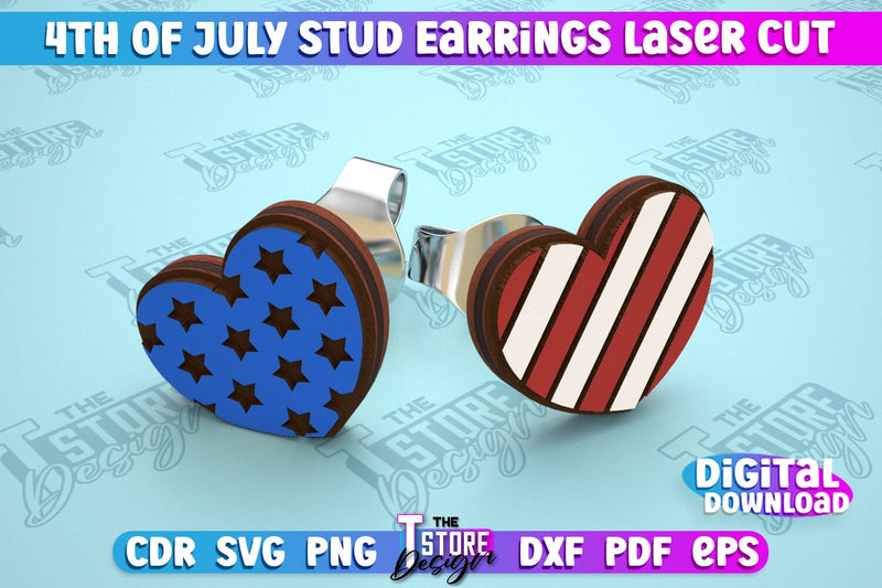 4th of July Stud Earrings | Patriotic Earrings | Red White and Blue | CNC File SVG The T Store Design 