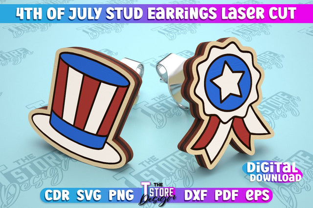 4th of July Stud Earrings | Patriotic Earrings | Red White and Blue | CNC File SVG The T Store Design 