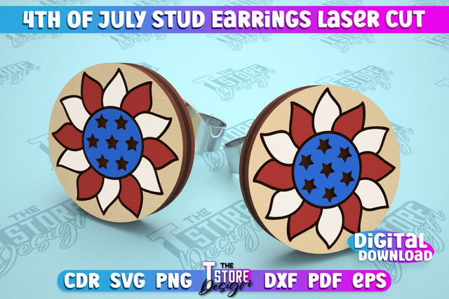 4th of July Stud Earrings | Patriotic Earrings | Red White and Blue | CNC File SVG The T Store Design 