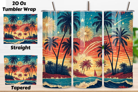 4th Of July Summer Beach Seamless Tumbler Wrap - 3D Ocean & Firework Fusion, 20oz Skinny Sublimation Design, American Flag Floral Art, Independence Day Tumbler Wrap, Fourth of July Floral Gift, USA Patriotic Flower Wrap Sublimation FloridPrintables 
