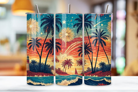 4th Of July Summer Beach Seamless Tumbler Wrap - 3D Ocean & Firework Fusion, 20oz Skinny Sublimation Design, American Flag Floral Art, Independence Day Tumbler Wrap, Fourth of July Floral Gift, USA Patriotic Flower Wrap Sublimation FloridPrintables 