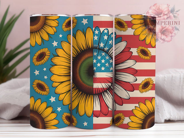 4th of July Sunflower Glow 20oz Tumbler, Patriotic Sunflower, American Flag Design, Split Sunflower, Golden Petals, Skinny Tumbler, Sublimation PNG Sublimation Li Zamperini 