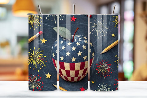 4th Of July Teacher Appreciation Seamless Tumbler Wrap - 3D Apple & Star Blend, 20oz Skinny Sublimation Design, American Flag Floral Art, Independence Day Tumbler Wrap, Fourth of July Floral Gift, USA Patriotic Flower Wrap Sublimation FloridPrintables 