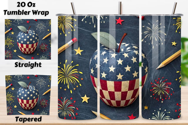 4th Of July Teacher Appreciation Seamless Tumbler Wrap - 3D Apple & Star Blend, 20oz Skinny Sublimation Design, American Flag Floral Art, Independence Day Tumbler Wrap, Fourth of July Floral Gift, USA Patriotic Flower Wrap Sublimation FloridPrintables 