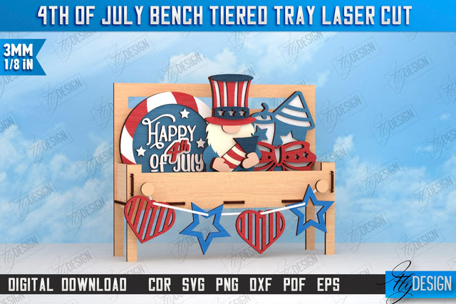 4th of July Tiered Tray Laser Cut | Bench Tiered Tray | Stripes and Stars | CNC File SVG Fly Design 
