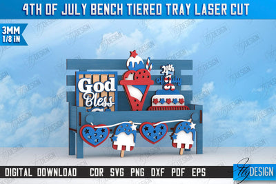 4th of July Tiered Tray Laser Cut | Bench Tiered Tray | Stripes and Stars | CNC File SVG Fly Design 