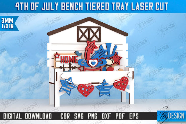 4th of July Tiered Tray Laser Cut | Bench Tiered Tray | Stripes and Stars | CNC File SVG Fly Design 