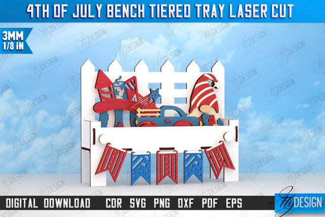 4th of July Tiered Tray Laser Cut | Bench Tiered Tray | Stripes and Stars | CNC File SVG Fly Design 