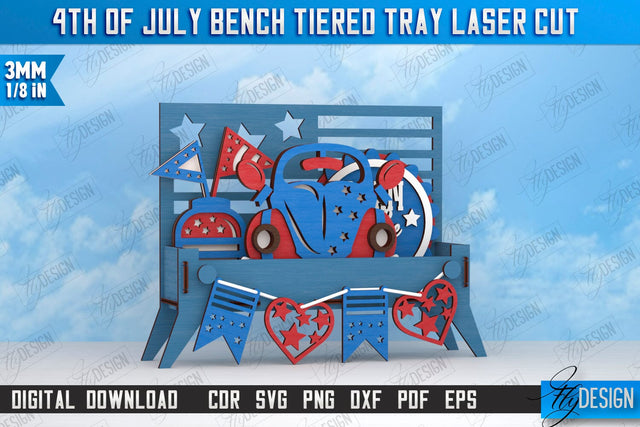 4th of July Tiered Tray Laser Cut | Bench Tiered Tray | Stripes and Stars | CNC File SVG Fly Design 
