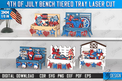 4th of July Tiered Tray Laser Cut Bundle | Bench Tiered Tray | Stripes and Stars | CNC Files SVG Fly Design 