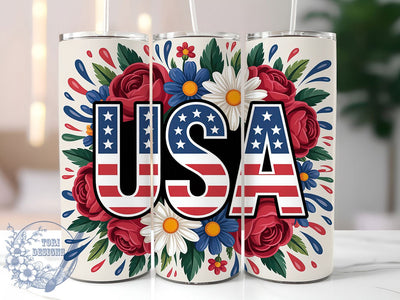 4th of July USA 20oz Tumbler, USA Patriotic Art, Sublimation Tumbler Wrap, 20oz Tumbler, American Flag Floral, Independence Day Gift, Red White Blue Theme Sublimation ToriDesigns 