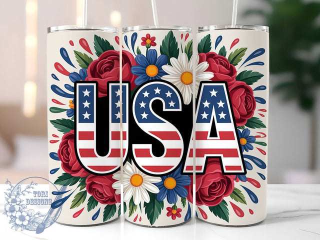 4th of July USA 20oz Tumbler, USA Patriotic Art, Sublimation Tumbler Wrap, 20oz Tumbler, American Flag Floral, Independence Day Gift, Red White Blue Theme Sublimation ToriDesigns 