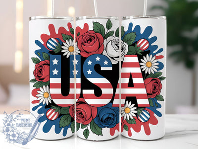 4th of July USA 20oz Tumbler, USA Patriotic Art, Sublimation Tumbler Wrap, 20oz Tumbler, American Flag Floral, Independence Day Gift, Red White Blue Theme Sublimation ToriDesigns 