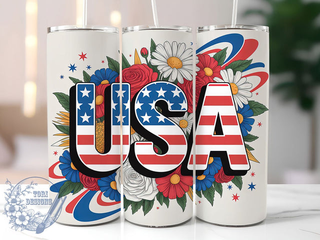 4th of July USA 20oz Tumbler, USA Patriotic Art, Sublimation Tumbler Wrap, 20oz Tumbler, American Flag Floral, Independence Day Gift, Red White Blue Theme Sublimation ToriDesigns 