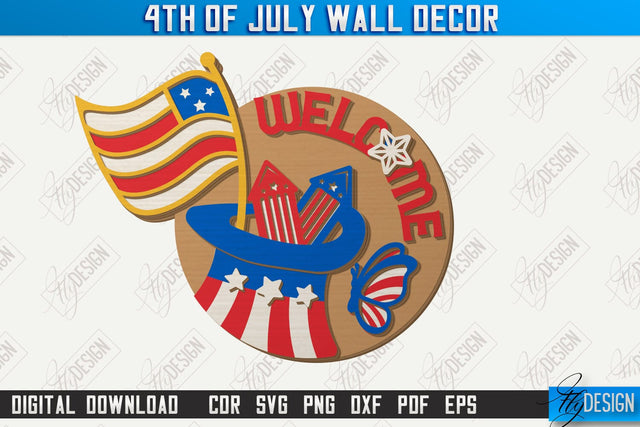 4th of July Wall Décor Laser Cut | Patriotic Sign | Independence Day | Red White and Blue | CNC File SVG Fly Design 