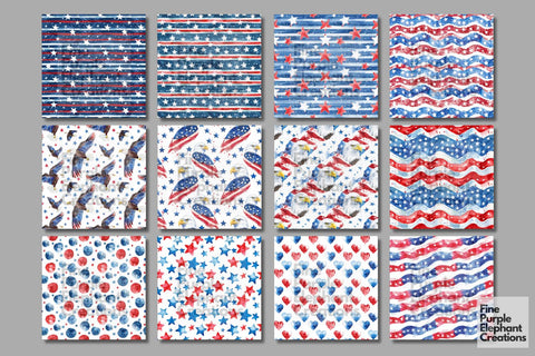 4th of July Watercolor Digital Paper - Patriotic American Independence Digital Pattern Fine Purple Elephant Creations 