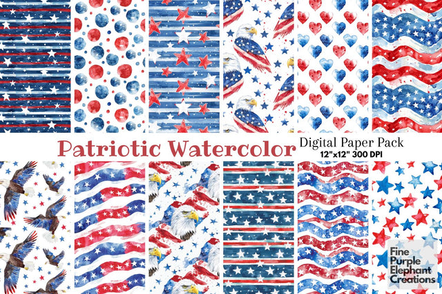 4th of July Watercolor Digital Paper - Patriotic American Independence Digital Pattern Fine Purple Elephant Creations 