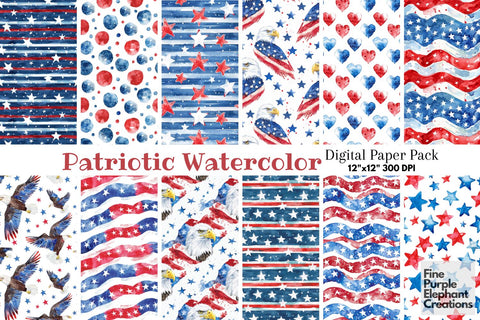 4th of July Watercolor Digital Paper - Patriotic American Independence Digital Pattern Fine Purple Elephant Creations 