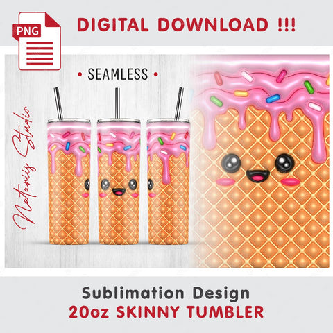 5 Cute 3D Inflated Kawaii Ice Cream Designs - 20oz SKINNY TUMBLER. Sublimation Natariis Studio 