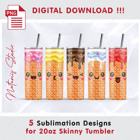 5 Cute 3D Inflated Kawaii Ice Cream Designs - 20oz SKINNY TUMBLER. Sublimation Natariis Studio 