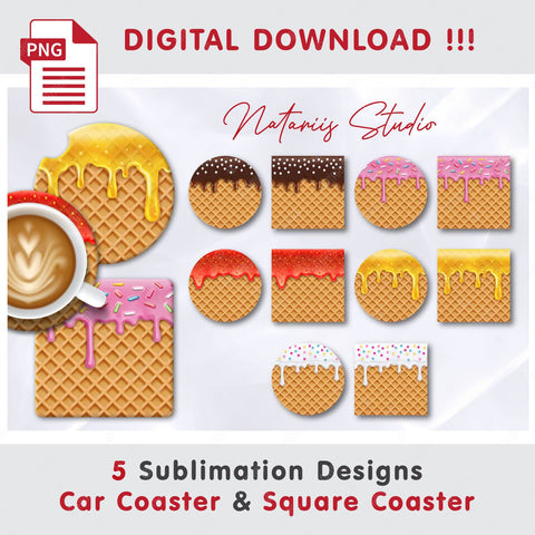 5 Dripping Ice Cream Wafer Designs. Coaster Sublimation. Sublimation Natariis Studio 