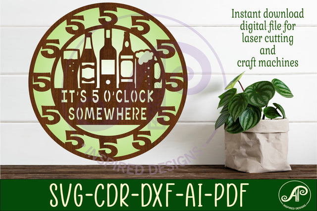 5 o'clock somewhere beer wall clock laser cut files, SVG SVG APInspireddesigns 