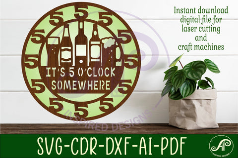5 o'clock somewhere beer wall clock laser cut files, SVG SVG APInspireddesigns 