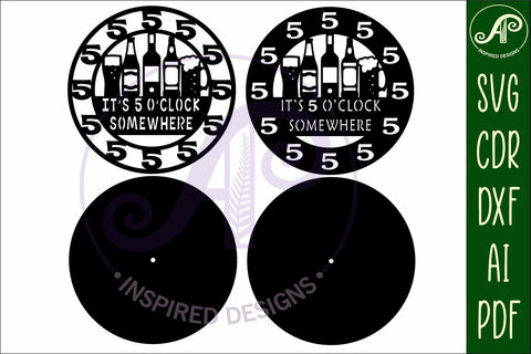 5 o'clock somewhere beer wall clock laser cut files, SVG SVG APInspireddesigns 