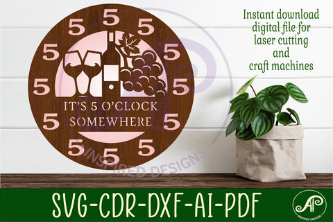 5 o'clock somewhere wine wall clock laser cut files, SVG SVG APInspireddesigns 