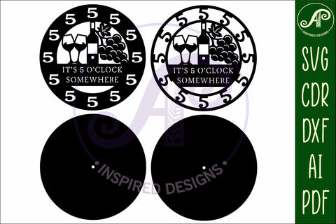 5 o'clock somewhere wine wall clock laser cut files, SVG SVG APInspireddesigns 