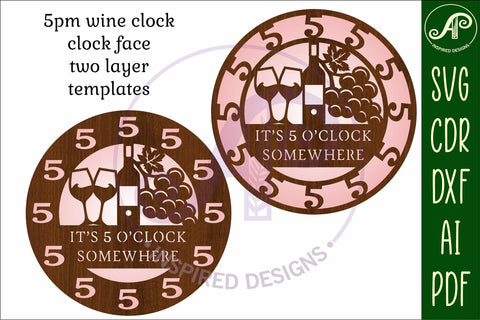 5 o'clock somewhere wine wall clock laser cut files, SVG SVG APInspireddesigns 