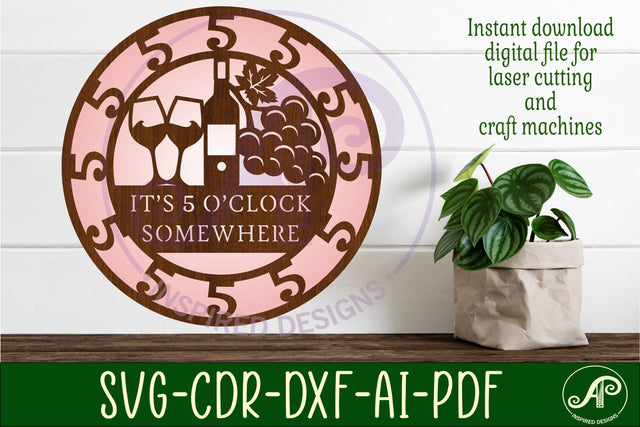 5 o'clock somewhere wine wall clock laser cut files, SVG SVG APInspireddesigns 