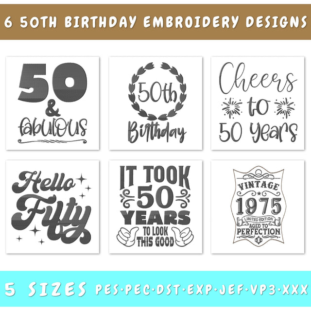 50th Birthday Embroidery Designs Bundle - 6 Designs, 50th Birthday Embroidery Patterns, 50th Birthday PES Files, 50th Birthday Embroidery Files Embroidery/Applique DESIGNS HappyDesignStudio 