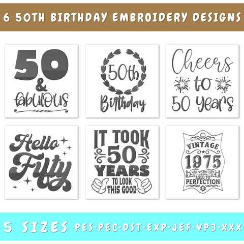 50th Birthday Embroidery Designs Bundle - 6 Designs, 50th Birthday Embroidery Patterns, 50th Birthday PES Files, 50th Birthday Embroidery Files Embroidery/Applique DESIGNS HappyDesignStudio 