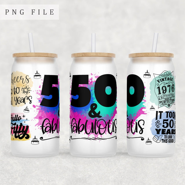 50th Birthday Libbey Glass Can Wrap, 16 Oz Glass Can Sublimation Design, 50th Anniversary Glass Can PNG File, 50 And Fabulous Glass Can Wrap Sublimation HappyDesignStudio 