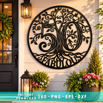 50th Birthday Tree of Life Laser SVG | Fifty and Fabulous Metal Wall Art DXF | Laser Cut File for CNC & Plasma Cutting | Birthday Decor Svg SVG HappyDesignStudio 