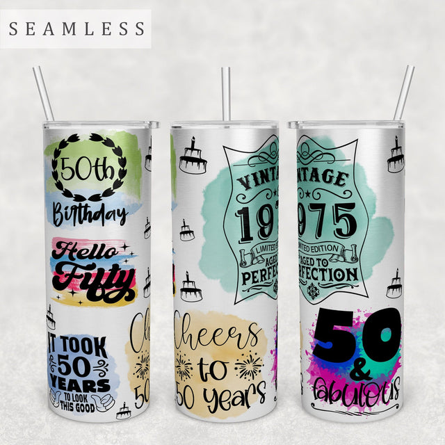 50th Birthday Tumbler Wrap, 20 Oz Skinny Tumbler Sublimation Design, Seamless 50th Anniversary Tumbler PNG, Vintage 1975 Tumbler Wrap Sublimation HappyDesignStudio 