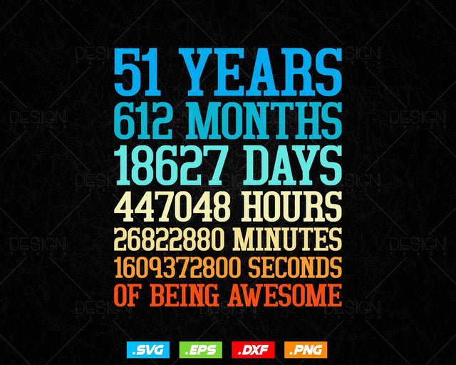 51 Years Of Being Awesome Birthday Svg Png, Retro Vintage Style Happy Birthday Gifts T Shirt Design, Birthday gift svg files for cricut Svg SVG DesignDestine 