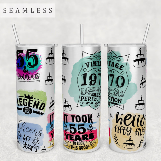 55th Birthday Tumbler Wrap, 20 Oz Skinny Tumbler Sublimation Design, Seamless 55th Birthday Tumbler PNG, Hello Fifty-Five PNG Sublimation HappyDesignStudio 
