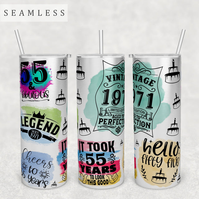 55th Birthday Tumbler Wrap, 20 Oz Skinny Tumbler Sublimation Design, Seamless 55th Birthday Tumbler PNG, Hello Fifty-Five PNG Sublimation HappyDesignStudio 