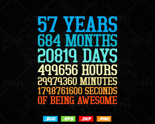 57 Years Of Being Awesome Birthday Svg Png, Retro Vintage Style Happy Birthday Gifts T Shirt Design, Birthday gift svg files for cricut Svg SVG DesignDestine 