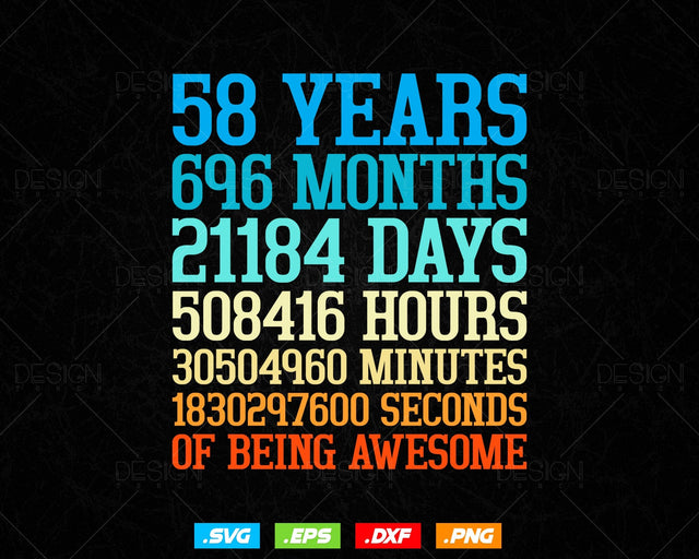 58 Years Of Being Awesome Birthday Svg Png, Retro Vintage Style Happy Birthday Gifts T Shirt Design, Birthday gift svg files for cricut Svg SVG DesignDestine 